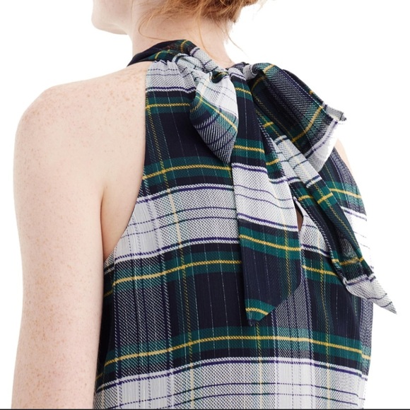 J. Crew High Halter Neck Sleeveless Plaid Tie Back Green and Navy Blue Chic Top - Picture 2 of 5